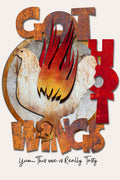 A stylized graphic design featuring a white rooster silhouette with red and orange flames rising from its neck, overlaid on distressed rust-orange lettering that reads 'GOT HOT WINGS' and a smaller script line below reading 'Yum.