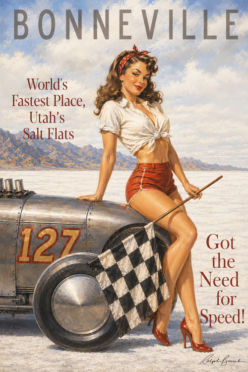 Vintage-inspired pin-up racing artwork featuring a glamorous blonde pin-up beside a classic Bonneville land-speed race car holding a checkered flag on the salt flats in nostalgic Americana motorsports styling.