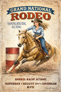 A vintage-style poster for the Grand National Rodeo in Amarillo, featuring an illustration of a woman in a cowboy hat riding a light brown horse around a barrel, with event text on a distressed beige background.