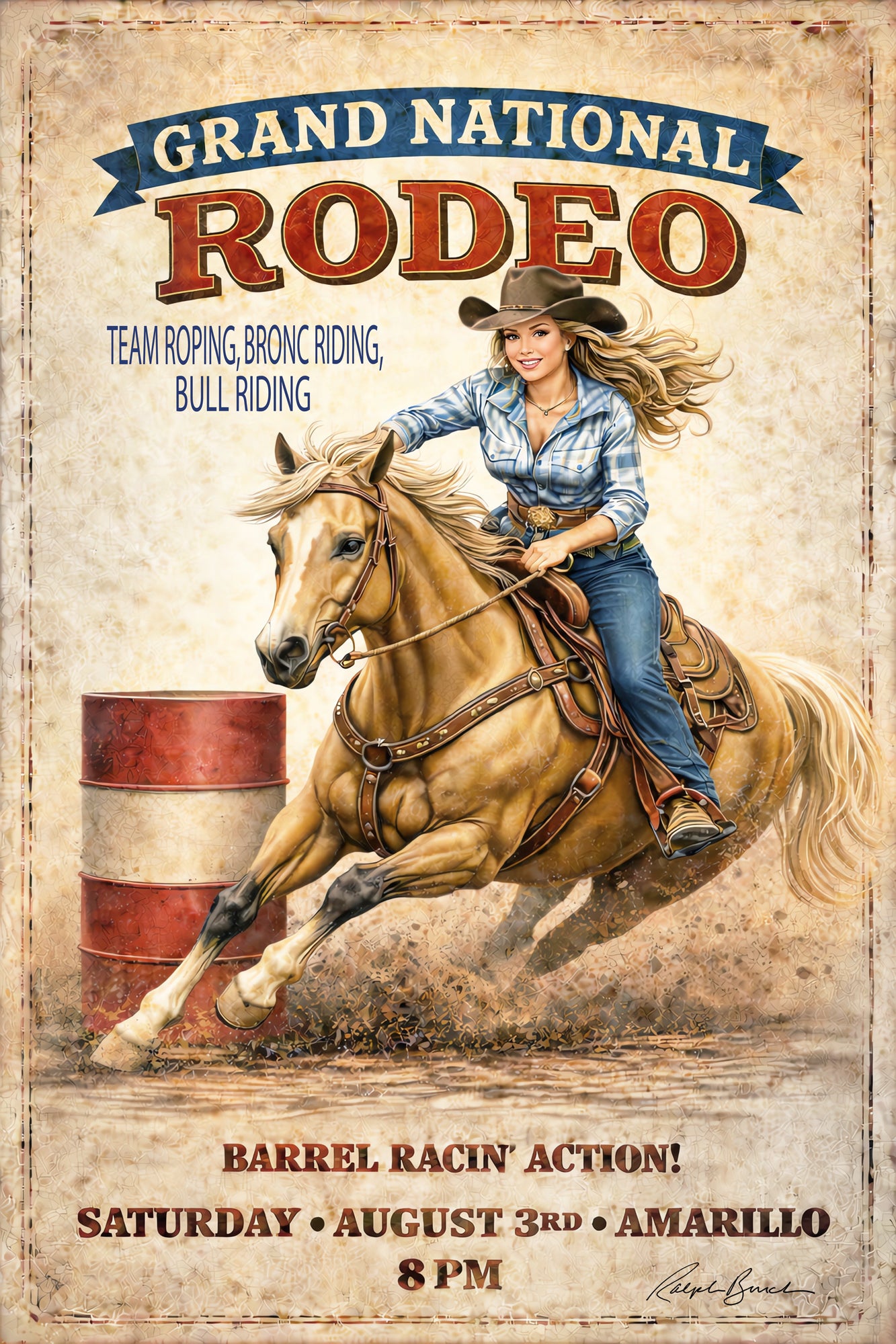 A vintage-style poster for the Grand National Rodeo in Amarillo, featuring an illustration of a woman in a cowboy hat riding a light brown horse around a barrel, with event text on a distressed beige background.