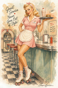 Vintage-style illustrated pin-up diner scene with a blonde woman in a pink waitress uniform and roller skates leaning on a counter, holding a tray with a milkshake and burger. Text on the artwork reads, 'Great Service Never Goes Out of Style!' and the artist signature 'Kathryn Brown' appears at the bottom.