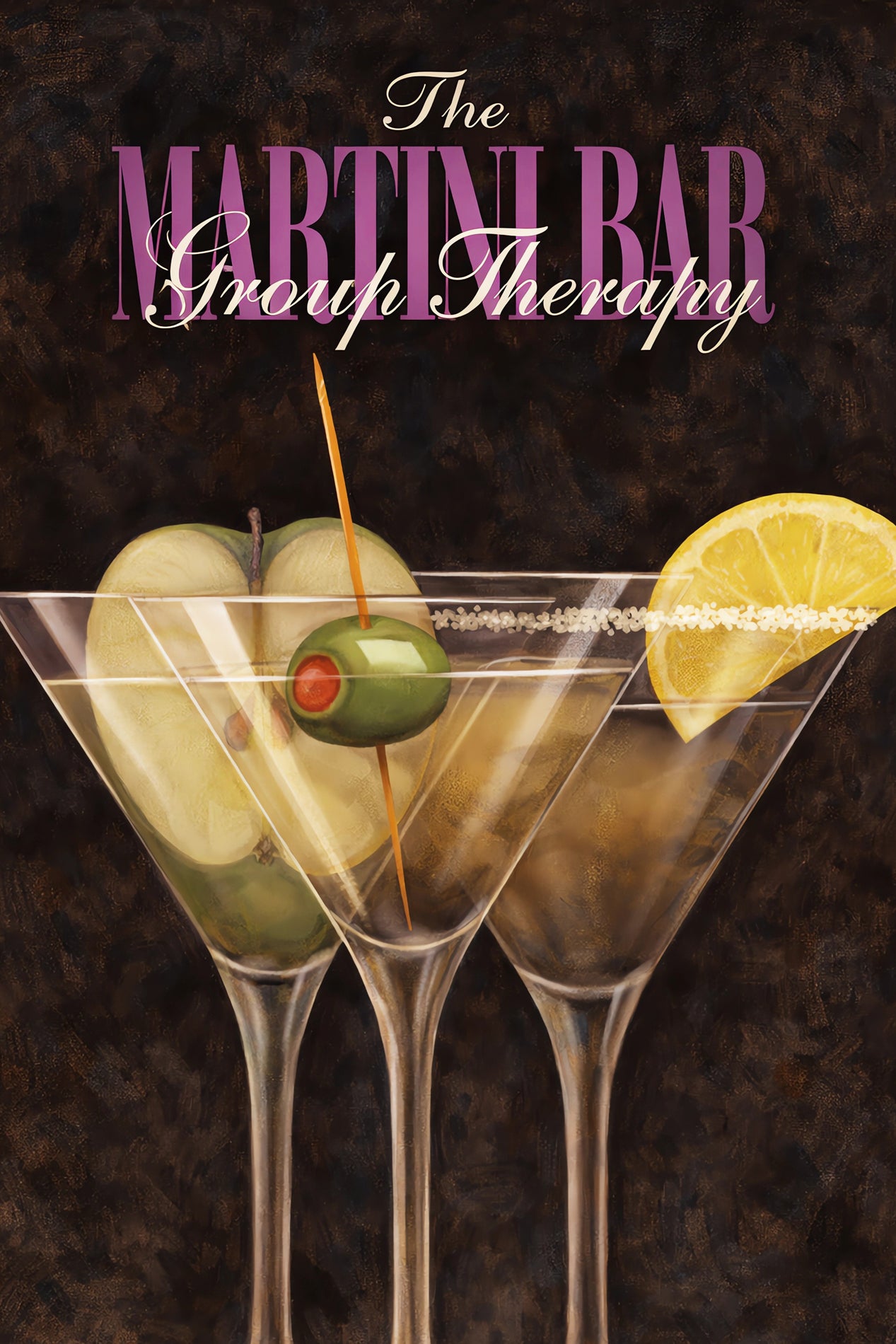 Retro martini bar artwork featuring trio of cocktail glasses with olives and citrus in vintage lounge style by Ralph Burch