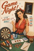 Retro-style poster artwork for Game Night featuring a smiling woman in red pajamas holding cards and a martini glass, surrounded by game props including a dartboard, pool balls, poker chips, cards, popcorn, and a scorepad on a green table. Large decorative text reads 'Game Night!' with additional playful wording.