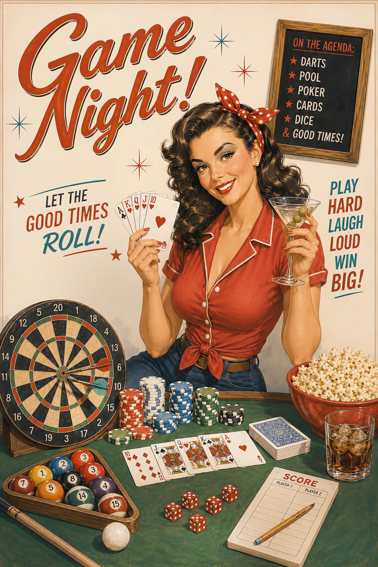 Retro-style poster artwork for Game Night featuring a smiling woman in red pajamas holding cards and a martini glass, surrounded by game props including a dartboard, pool balls, poker chips, cards, popcorn, and a scorepad on a green table. Large decorative text reads 'Game Night!' with additional playful wording.