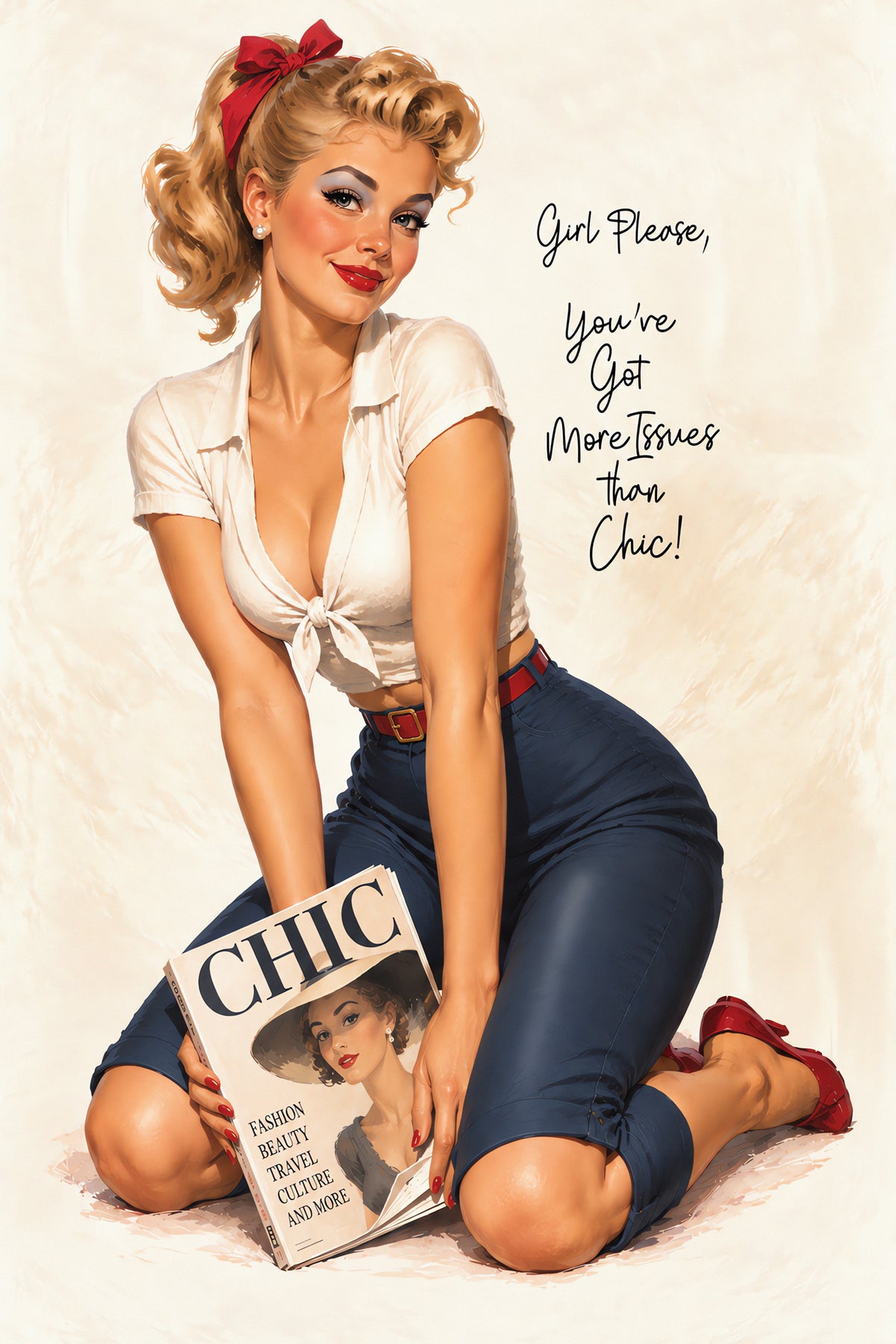 Vintage-style pinup illustration of a blonde woman kneeling and holding a magazine, with handwritten text on the right reading, 'Girl Please, You've Got More Issues than Chic!' The scene is rendered in warm cream tones with navy pants, white top, red shoes, and red hair bow.