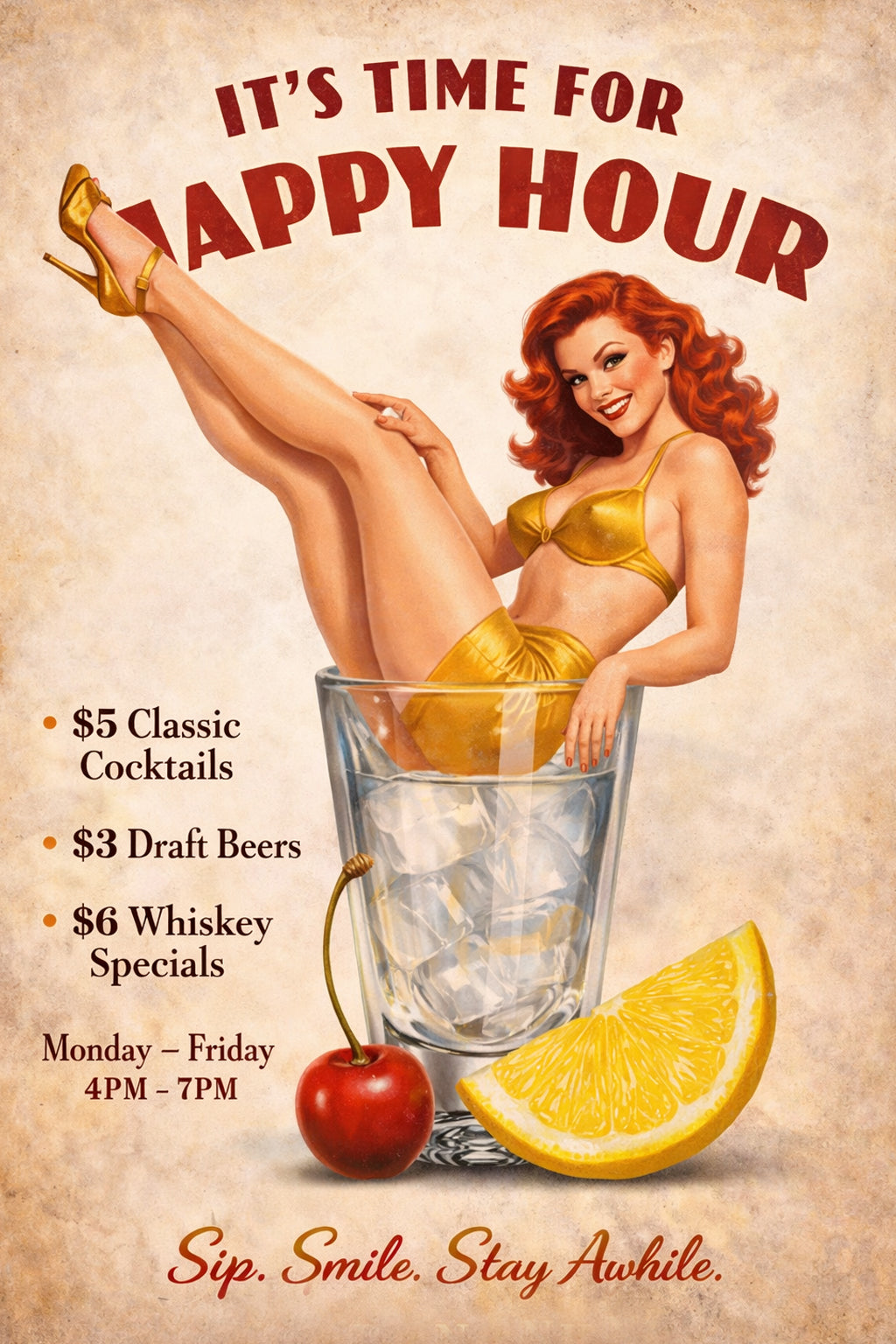 It’s Time for Happy Hour – Retro Pin-Up Cocktail Lounge Wall Art by Ralph Burch