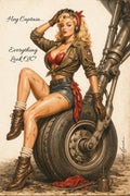 Vintage-style pin-up illustration of a blonde woman sitting on a motorcycle tire, wearing an open olive jacket, red bra top, denim shorts, and brown boots, with the text 'Hey Captain.