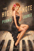 Retro redheaded pin-up girl sitting on piano keys with martini glass in vintage piano lounge wall art by Ralph Burch