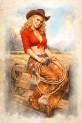 A stylized cowboy woman in western attire sits on a wooden fence, holding a coiled lasso. She wears a brown hat, red top, blue jeans, and brown fringed chaps, with a blurred outdoor ranch landscape in the background.