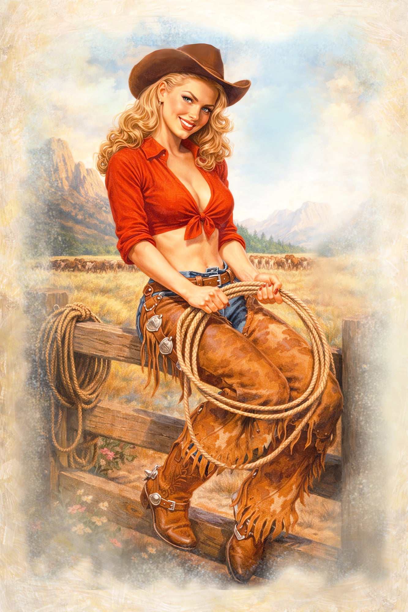 A stylized cowboy woman in western attire sits on a wooden fence, holding a coiled lasso. She wears a brown hat, red top, blue jeans, and brown fringed chaps, with a blurred outdoor ranch landscape in the background.