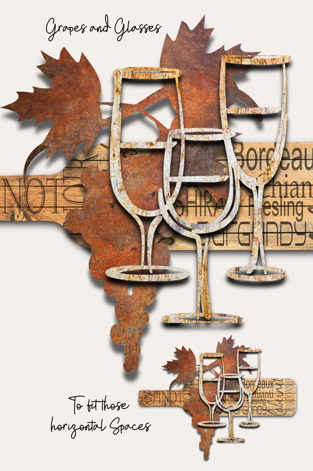 Rustic metal wall art featuring wine glasses, leaves, and a horizontal sign with wine region names like Bordeaux and Chianti, shown on a light beige background.