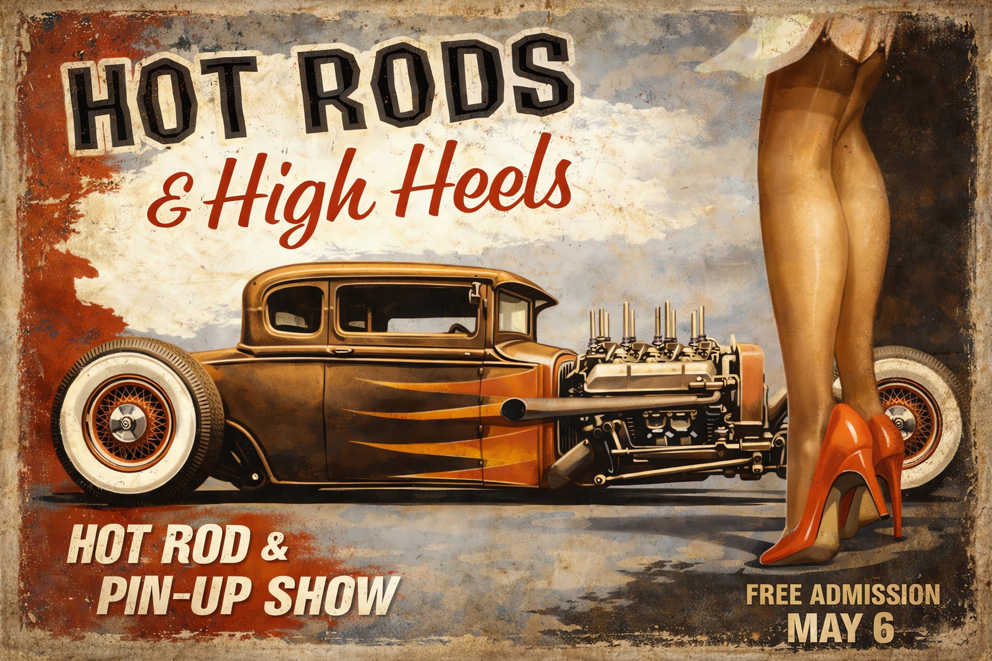 Vintage-inspired pin-up artwork featuring a classic custom hot rod with whitewall tires beside glamorous red high heels in distressed retro car show poster styling with Americana garage decor aesthetics.
