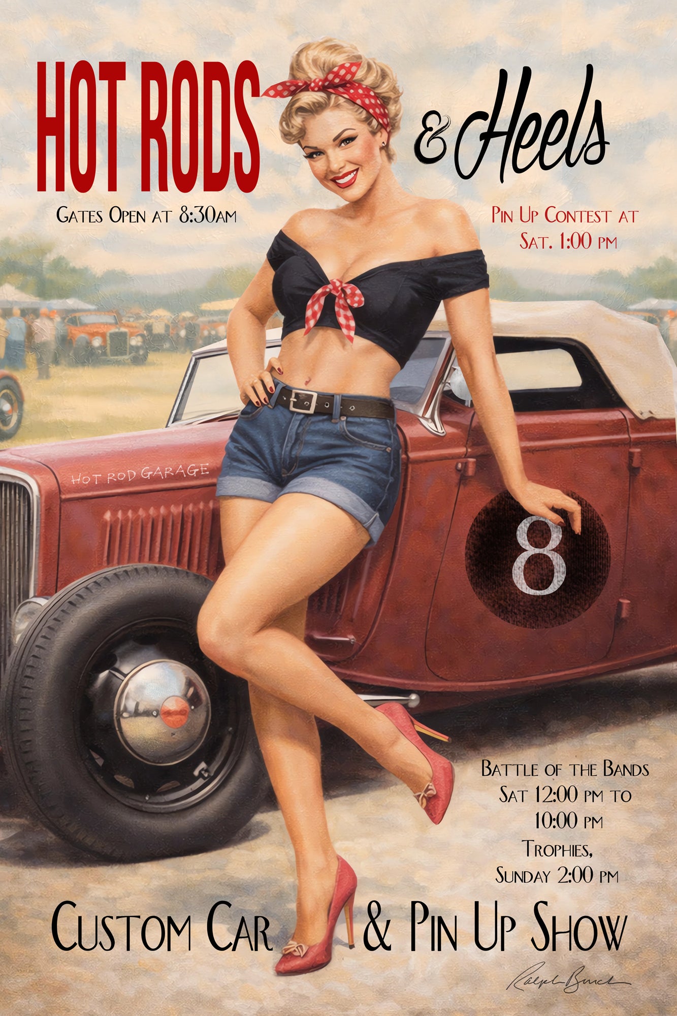 Vintage pin-up artwork featuring a smiling blonde retro pin-up girl in denim shorts and red heels standing beside a classic hot rod with nostalgic custom car show poster typography and Americana styling.