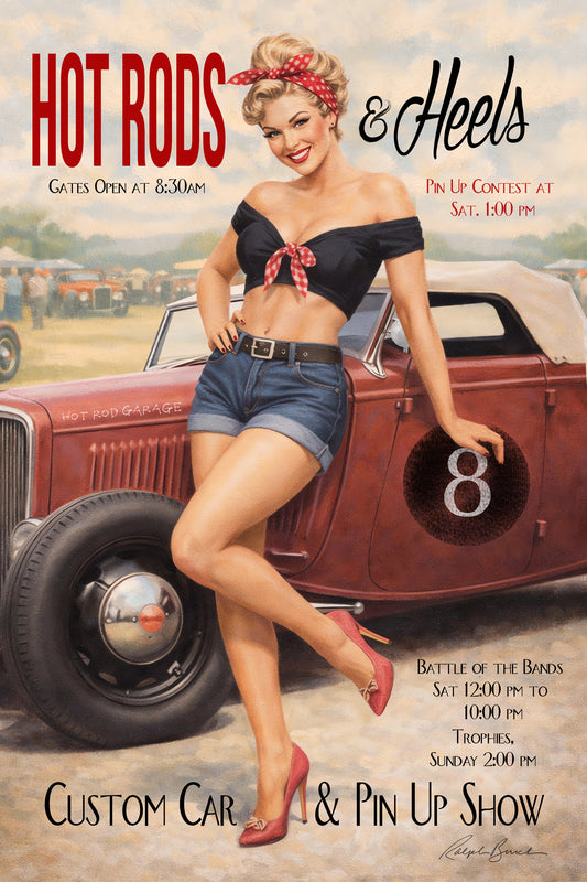 Vintage pin-up artwork featuring a smiling blonde retro pin-up girl in denim shorts and red heels standing beside a classic hot rod with nostalgic custom car show poster typography and Americana styling.