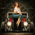 Vintage pin-up artwork featuring a smiling retro brunette woman sitting on the front grille of a classic black and red hot rod with glowing headlights, pinstripe details, and moody garage-inspired textures.