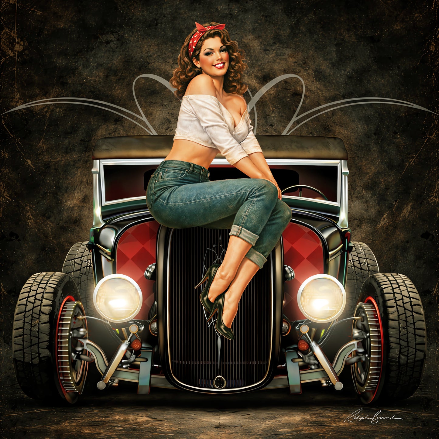 Vintage pin-up artwork featuring a smiling retro brunette woman sitting on the front grille of a classic black and red hot rod with glowing headlights, pinstripe details, and moody garage-inspired textures.
