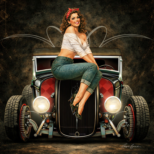 Vintage pin-up artwork featuring a smiling retro brunette woman sitting on the front grille of a classic black and red hot rod with glowing headlights, pinstripe details, and moody garage-inspired textures.