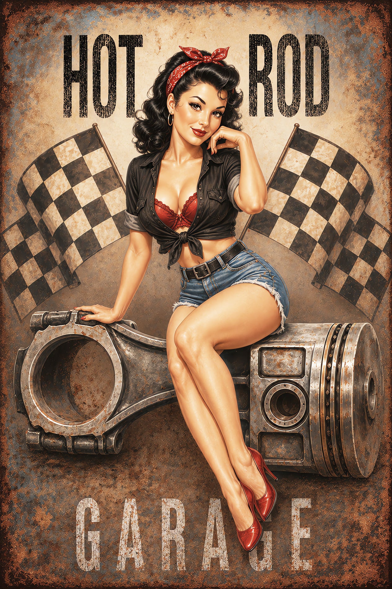 Vintage pin-up artwork featuring a retro brunette woman in red heels and denim shorts sitting on oversized engine pistons with racing flags, distressed metal textures, and classic hot rod garage styling.
