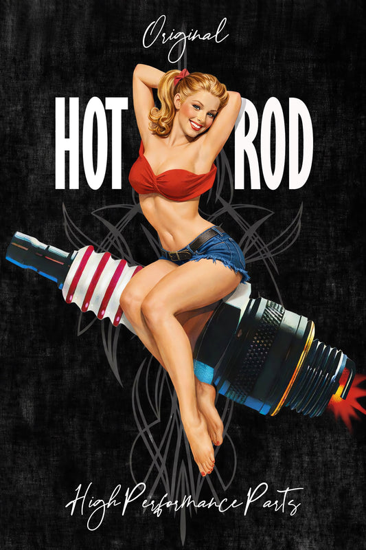Vintage pin-up artwork featuring a smiling blonde retro pin-up girl in denim shorts sitting on a flaming spark plug with black background, custom pinstriping, and classic hot rod performance styling.