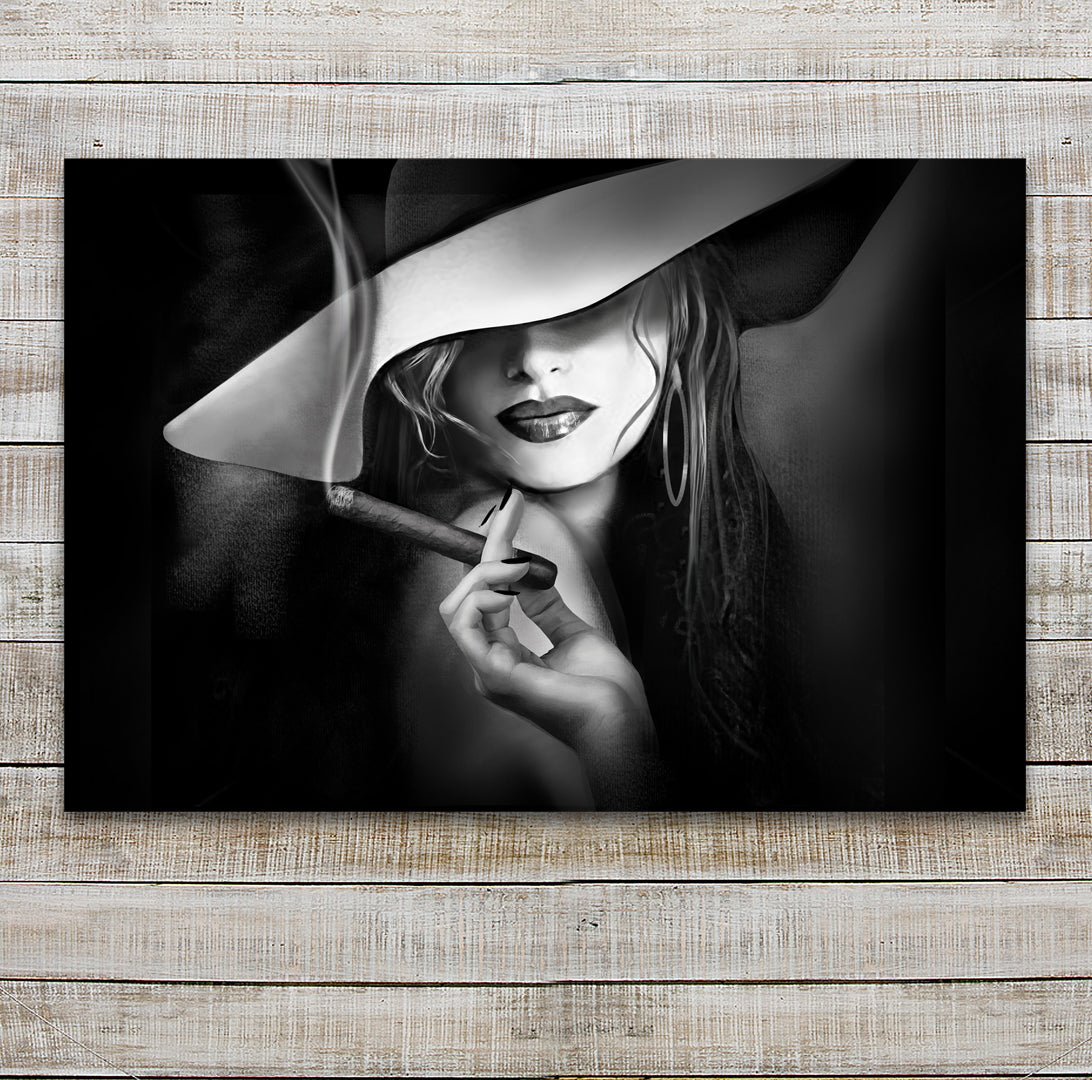 Indulgence is a Fashionable more contemporary painting of a close up of a face of a mysterious woman in a hat in a dark location. She's wearing a hat so you can't see her eyes but just her nose and mouth. In her hand she holds a Cigar and the smoke rises as she looks your way.