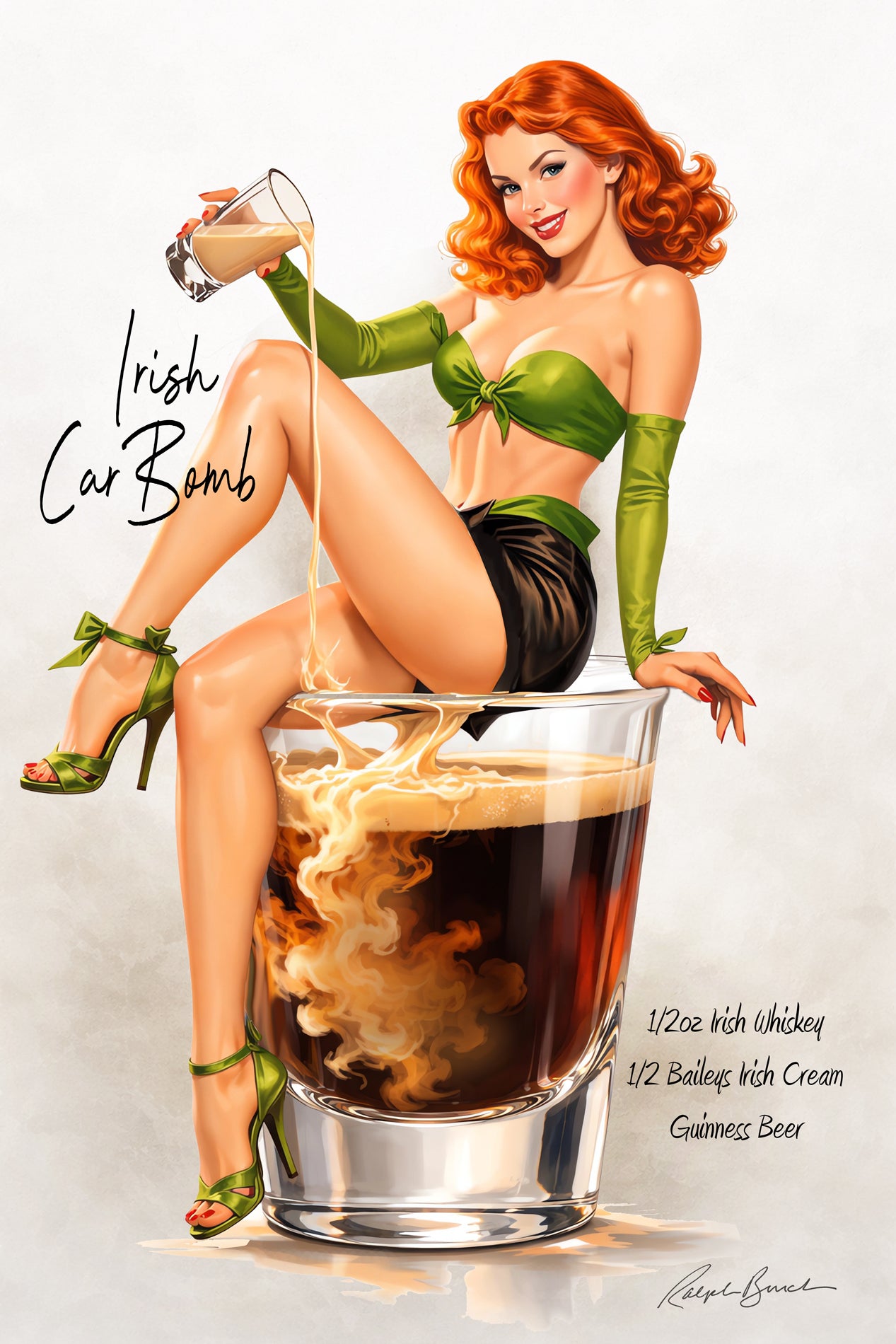 Retro redheaded pin-up girl sitting on Irish stout cocktail glass in vintage pub inspired wall art by Ralph Burch