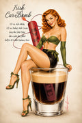 Vintage-style pin-up illustration of a woman with red hair sitting on a large shot glass filled with dark beer, with a red bottle and text reading 'Fish Car Bomb' and recipe details on a beige background.