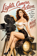 Retro movie night pin-up girl posing with a vintage film camera and glowing studio light beneath “Lights, Camera, Action” lettering.