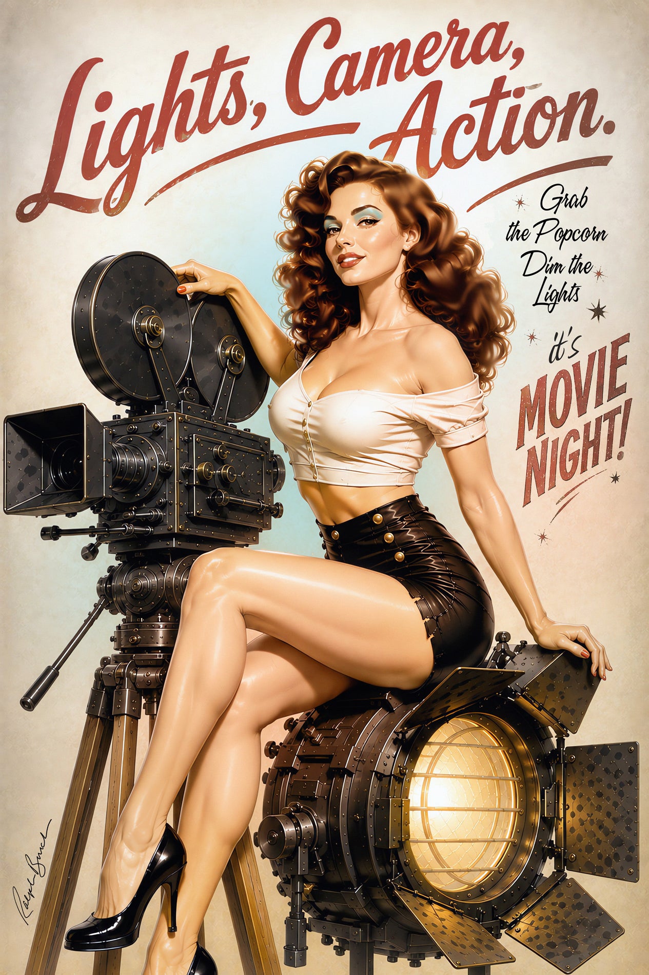 Retro movie night pin-up girl posing with a vintage film camera and glowing studio light beneath “Lights, Camera, Action” lettering.
