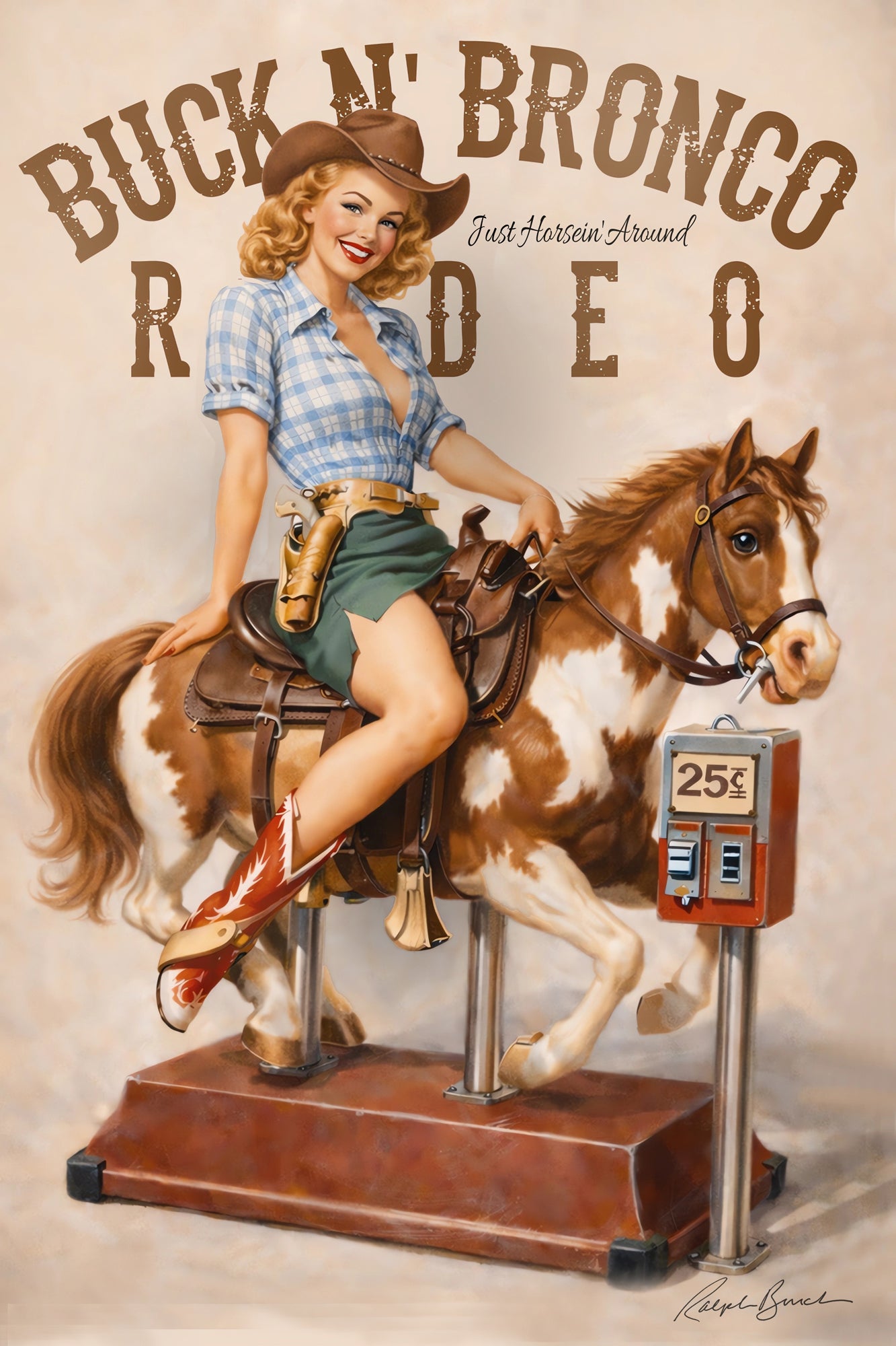 Vintage-style western illustration of a woman riding a brown-and-white horse on a ride stand, with large text reading 'BUCK 'N' BRONCO RIDEO' above and a small coin booth on the right.