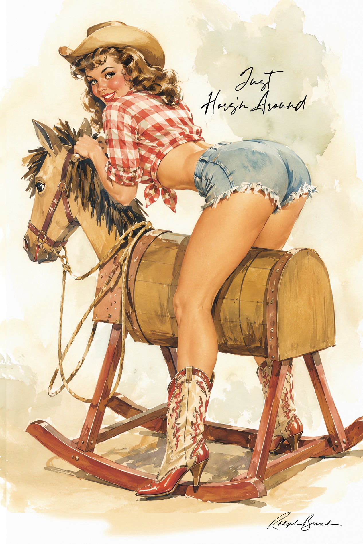 Vintage-style pin-up illustration of a woman in a cowboy hat, red-and-white plaid shirt, denim shorts, and cowboy boots leaning on a wooden rocking horse, with the text 'Just Horses Around' in the upper right.