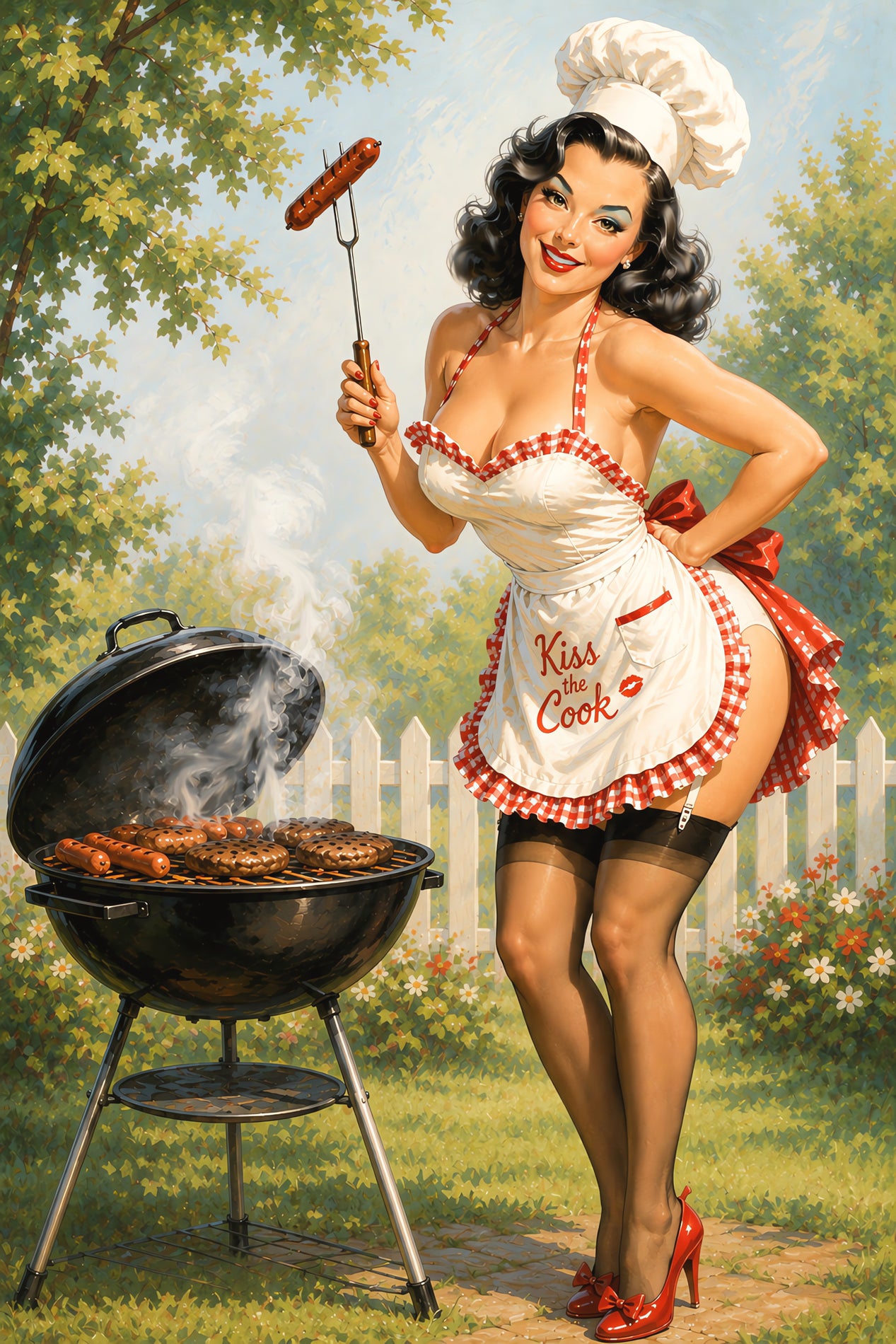 Vintage-style pin-up illustration of a woman in a white chef's hat and apron grilling sausages outdoors beside a black kettle grill in a garden setting.