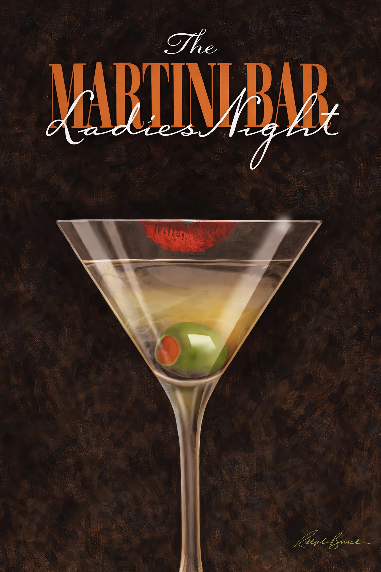 Retro martini bar artwork featuring classic martini glass with olive garnish and vintage cocktail lounge typography by Ralph Burch
