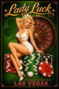 Vintage-style poster artwork reading 'Lady Luck' and 'Las Vegas' with a pin-up woman in a white outfit seated on stacks of casino chips beside a roulette wheel on a green background.