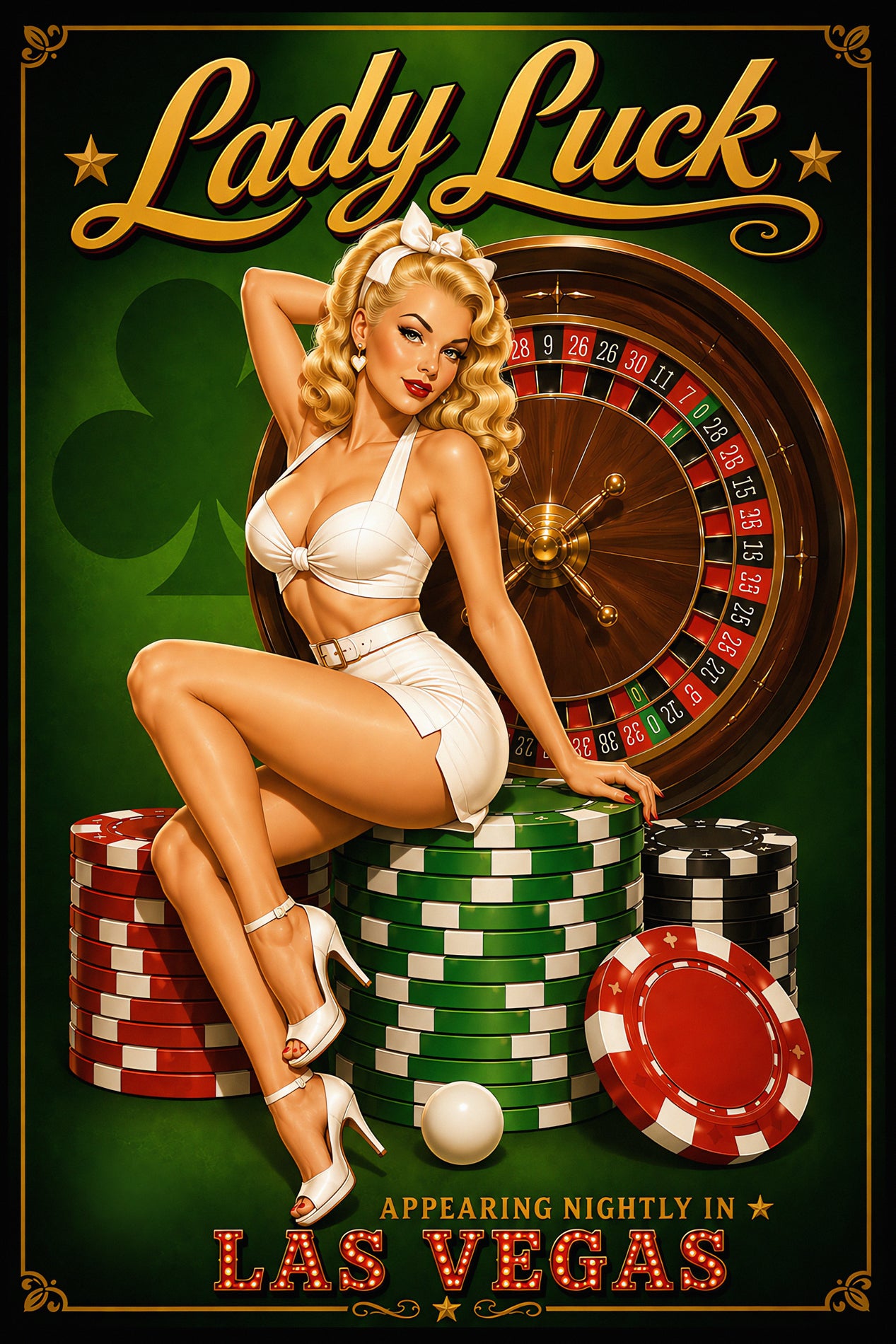 Vintage-style poster artwork reading 'Lady Luck' and 'Las Vegas' with a pin-up woman in a white outfit seated on stacks of casino chips beside a roulette wheel on a green background.