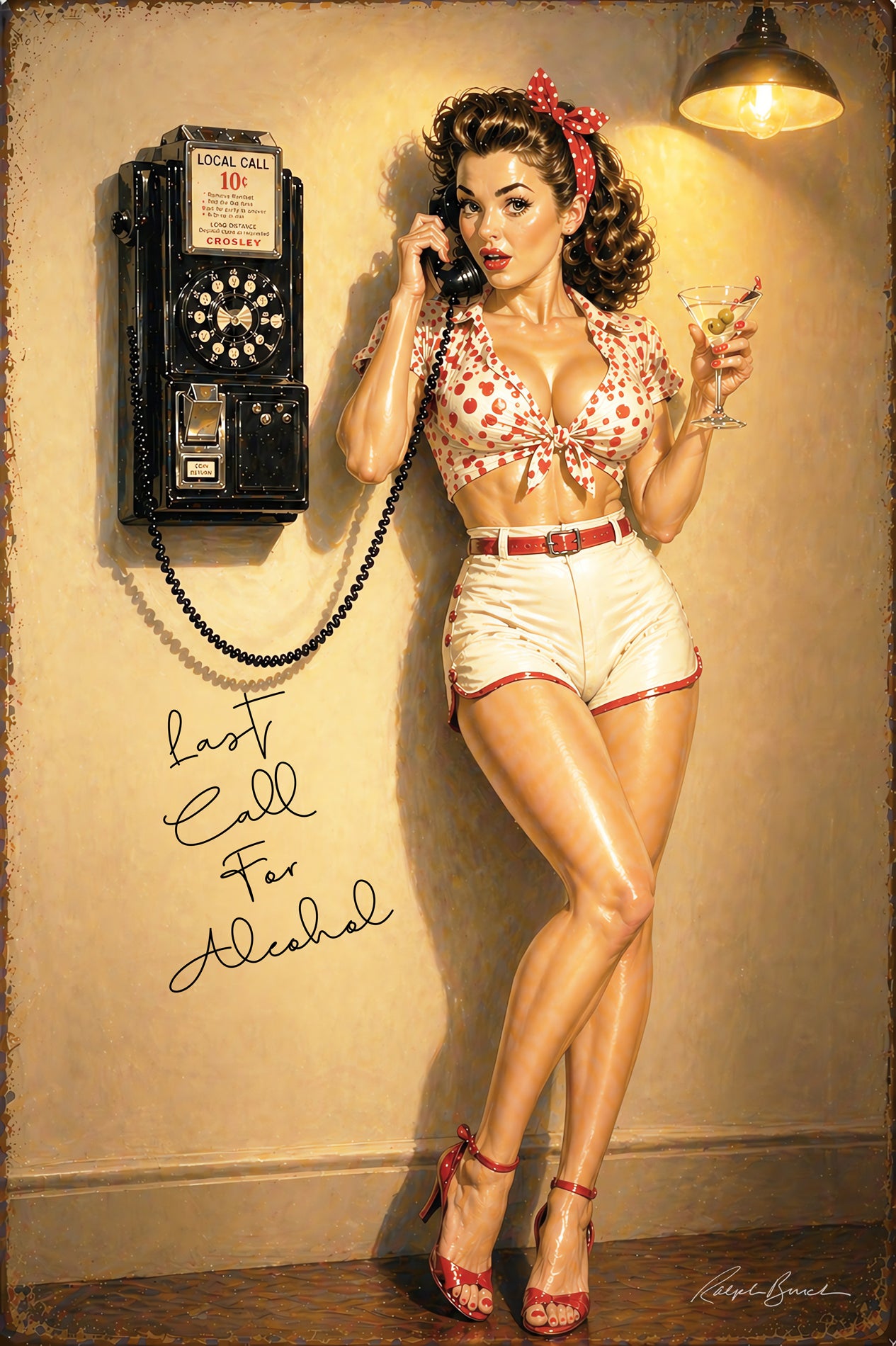Retro brunette pin-up girl holding martini while using vintage wall telephone in classic cocktail lounge wall art by Ralph Burch