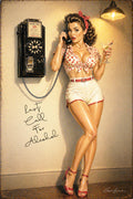 Vintage-style pin-up art print featuring a woman in a red-and-white polka dot bikini top and white shorts leaning against a wall, holding a cocktail glass and talking on a wall-mounted rotary phone. The text 'Last Call For Alcohol' appears on the wall.