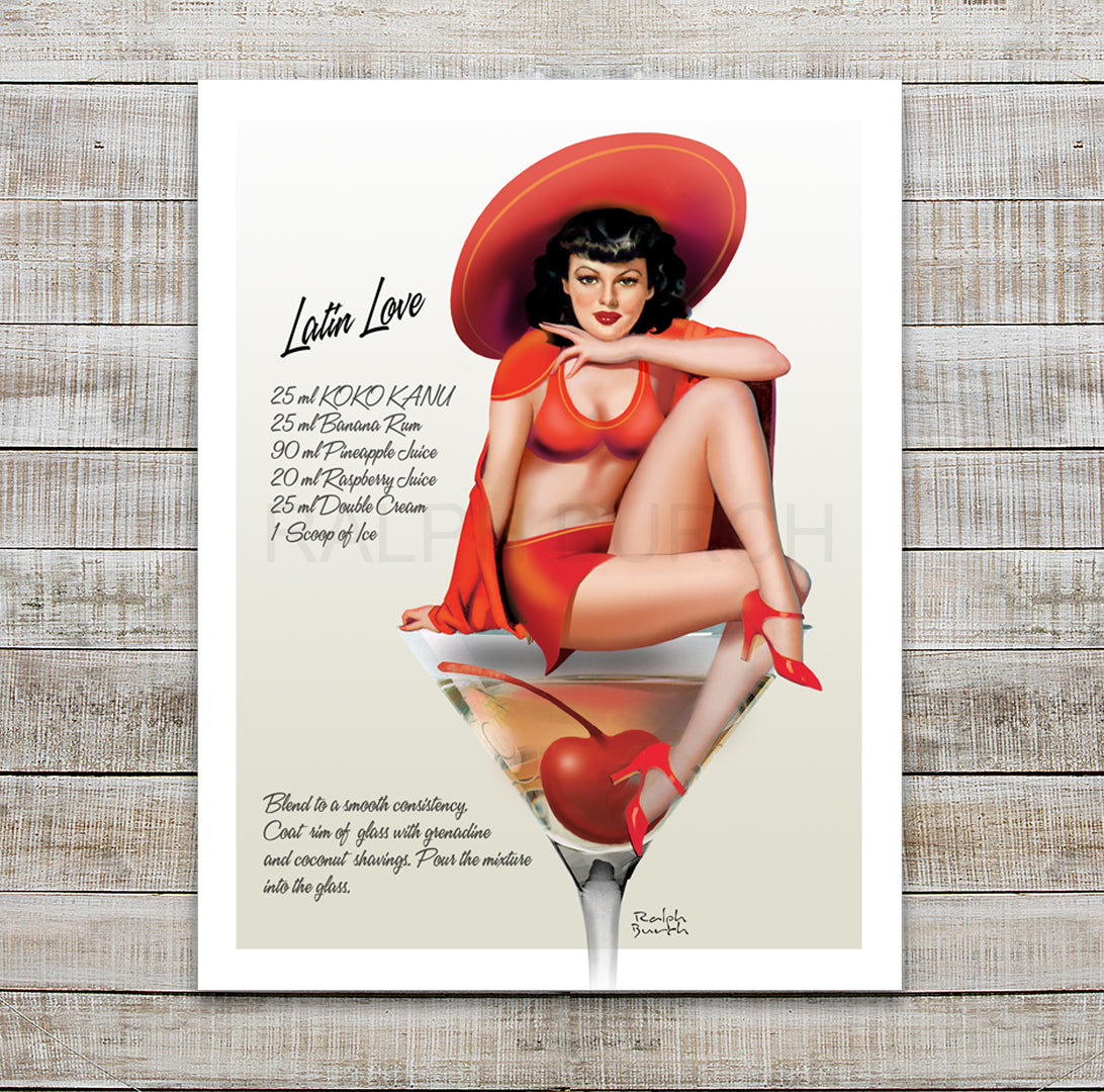 A Latin Pin Up Girl sitting on the edge of a Cocktail Glass surrounded by the Recipe