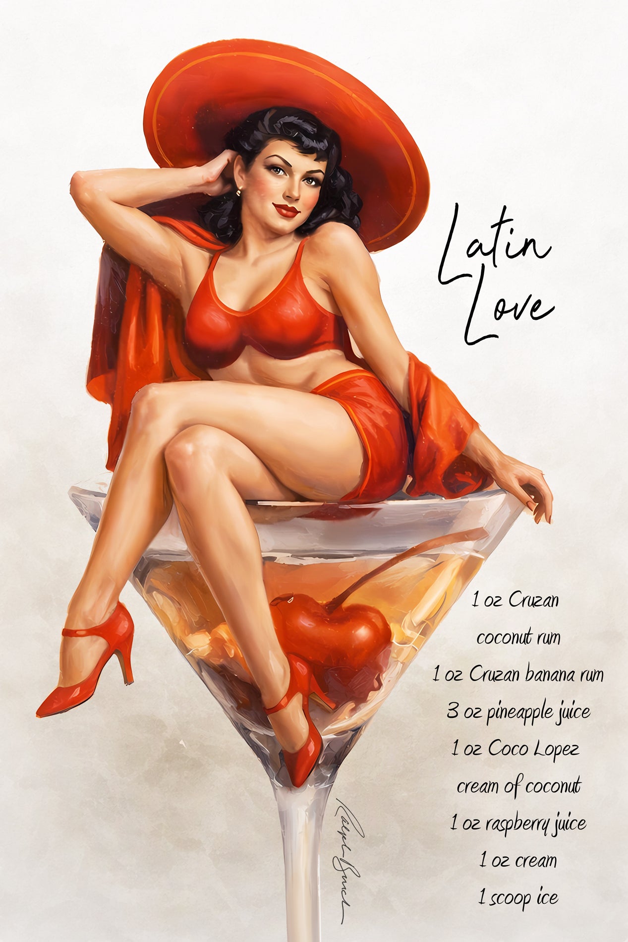 Retro brunette pin-up girl in red tropical outfit sitting inside cocktail glass in vintage tiki lounge wall art by Ralph Burch