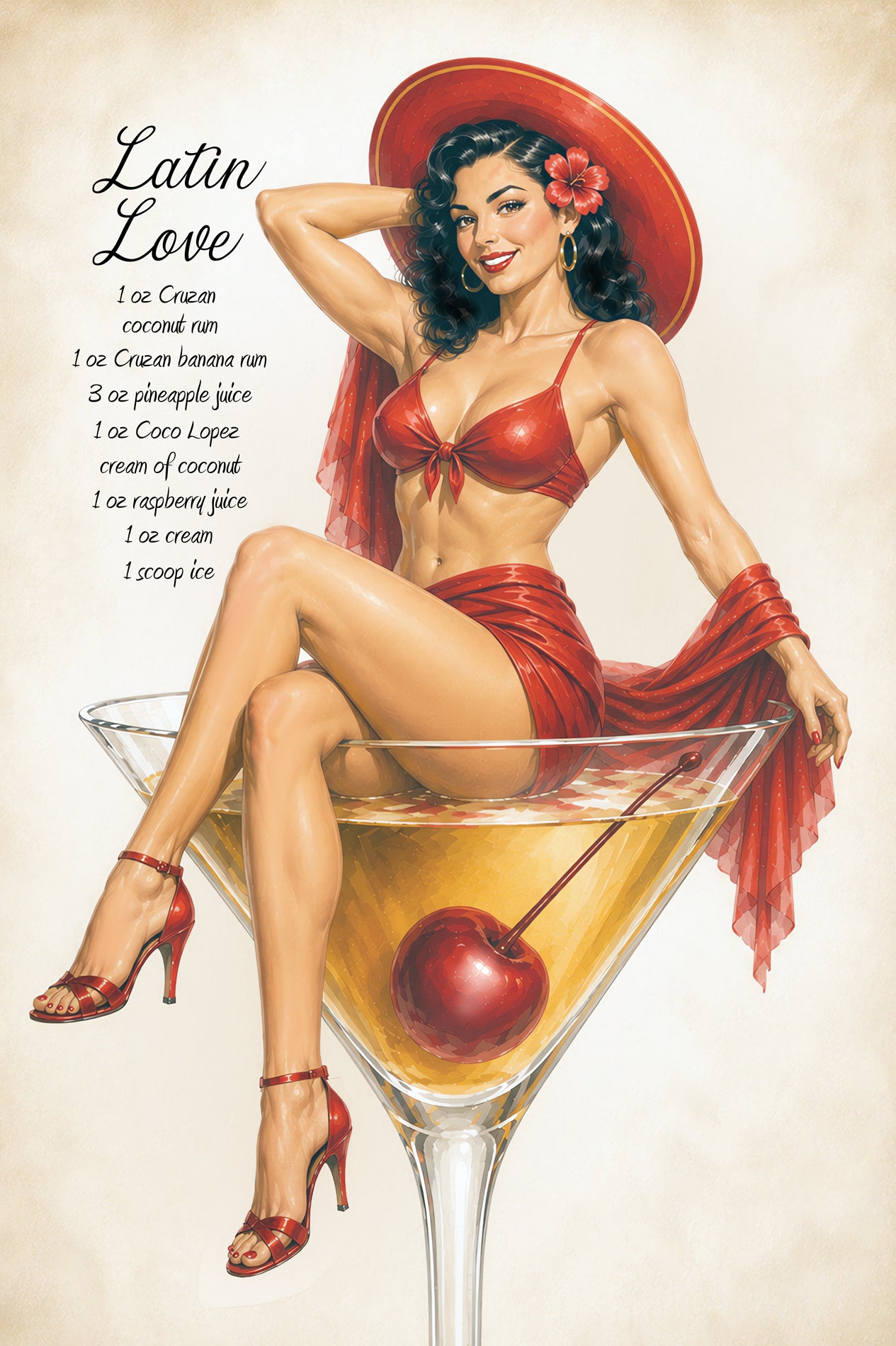 Vintage-style illustrated poster reading 'Latin Love' with a woman in a red bikini and wide red hat posing in a large martini glass filled with amber drink and a cherry, on a cream background.
