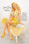 Retro blonde pin-up girl sitting on lemon martini glass in vintage cocktail inspired wall art by Ralph Burch