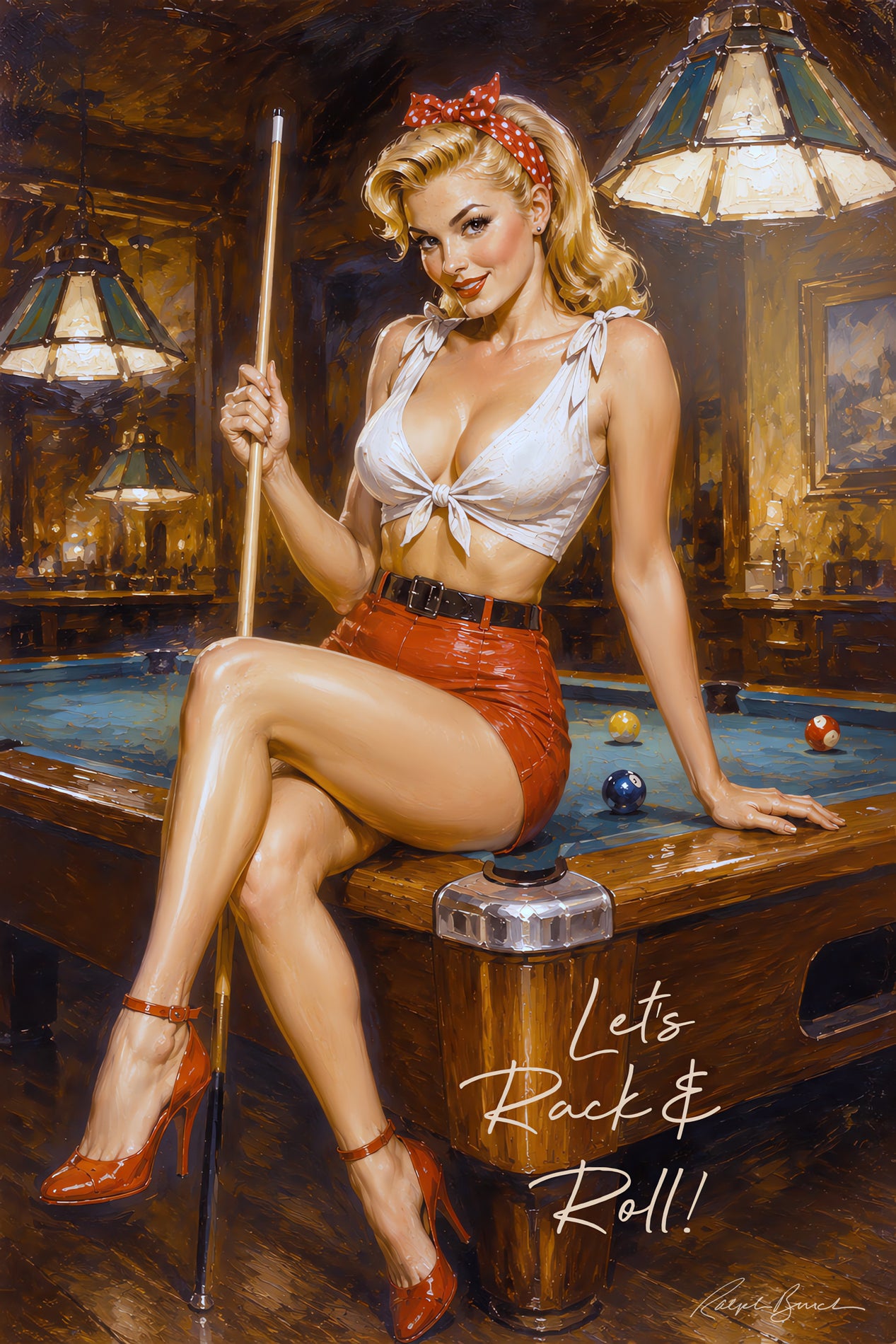 A stylized pin-up style illustration of a blonde woman sitting on a pool table in a dimly lit bar, holding a pool cue. She wears a white tied bikini top, a red mini skirt, and red heels.