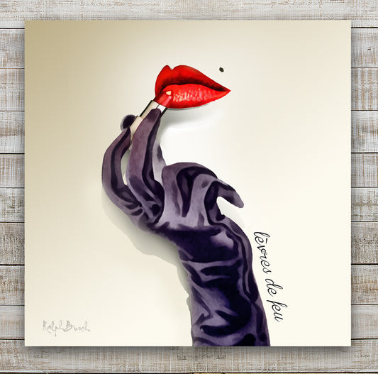 Pictured is art which looks like it was a High fashion Magazine cover showing o long gloved woman's hand holding a lipstick against a pair if lips as if she was putting on her lipstick,. Running up the side of the glove it reads levres de feu which means Lips of Fire in French. Lips of Fire  Fashion Wall Art by Ralph Burch