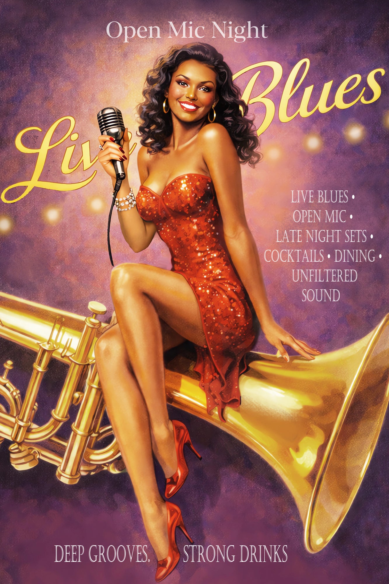 Promotional poster for Open Mic Night featuring a woman in a red dress with a microphone and saxophone on a purple background.