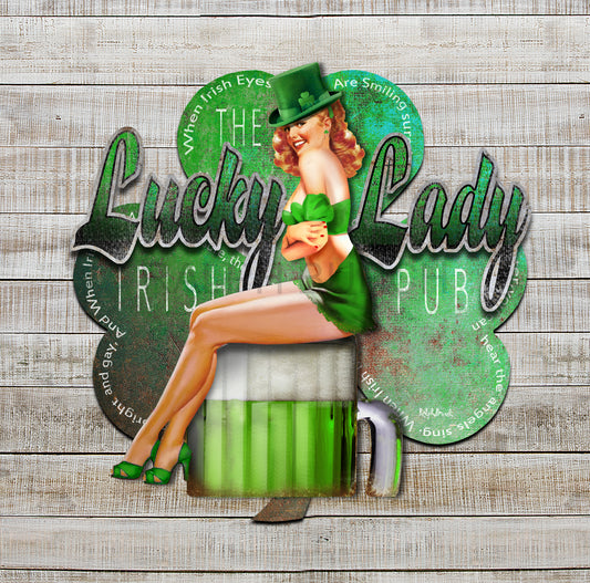 Lucky Lady Irish Pub 3D dimensional Metal Wall Art by Ralph Burch. Pictured is a 3 layered metal wall art showing a clover leaf as a background, the words Lucky Lady attached and raised on the background a Irish looking pin up girl with a top hat in green sitting on a Mug of Green Beer attached and raised out further