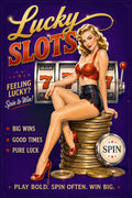 Lucky Slots promotional poster featuring a retro pin-up woman seated on a stack of gold coins in front of a slot machine, with bold gold and red text on a purple background.