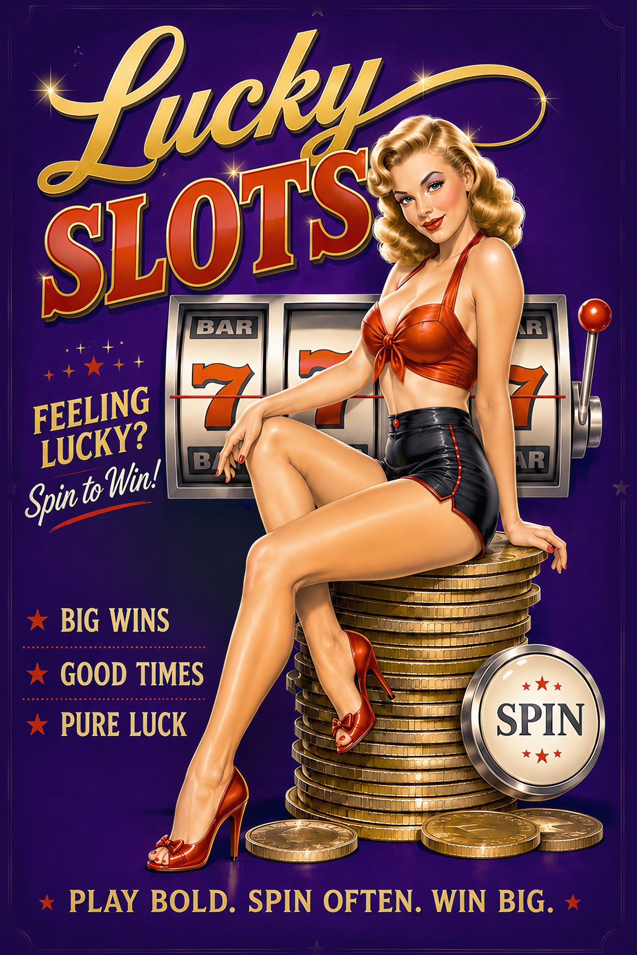 Lucky Slots promotional poster featuring a retro pin-up woman seated on a stack of gold coins in front of a slot machine, with bold gold and red text on a purple background.