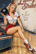 Vintage-style pin-up artwork of a blonde woman sitting on a bowling machine in a bowling alley, holding a bowling ball. She wears a white and red blouse, red skirt, white socks, and red-and-black bowling shoes.