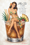 A vintage-style illustrated pin-up woman seated in a large glass of iced Mai Tai cocktail, with tropical garnishes and a printed recipe for Mai Tai on the right. The artwork fills the frame and appears to be the product itself rather than a real photographed scene, so this fits Scenery rather than Lifestyle.