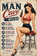 Vintage-style poster titled "MAN Cave Rules" featuring a pin-up woman seated on a red cushioned stool and holding a beer bottle. The poster includes humorous rules and text on a distressed cream background.