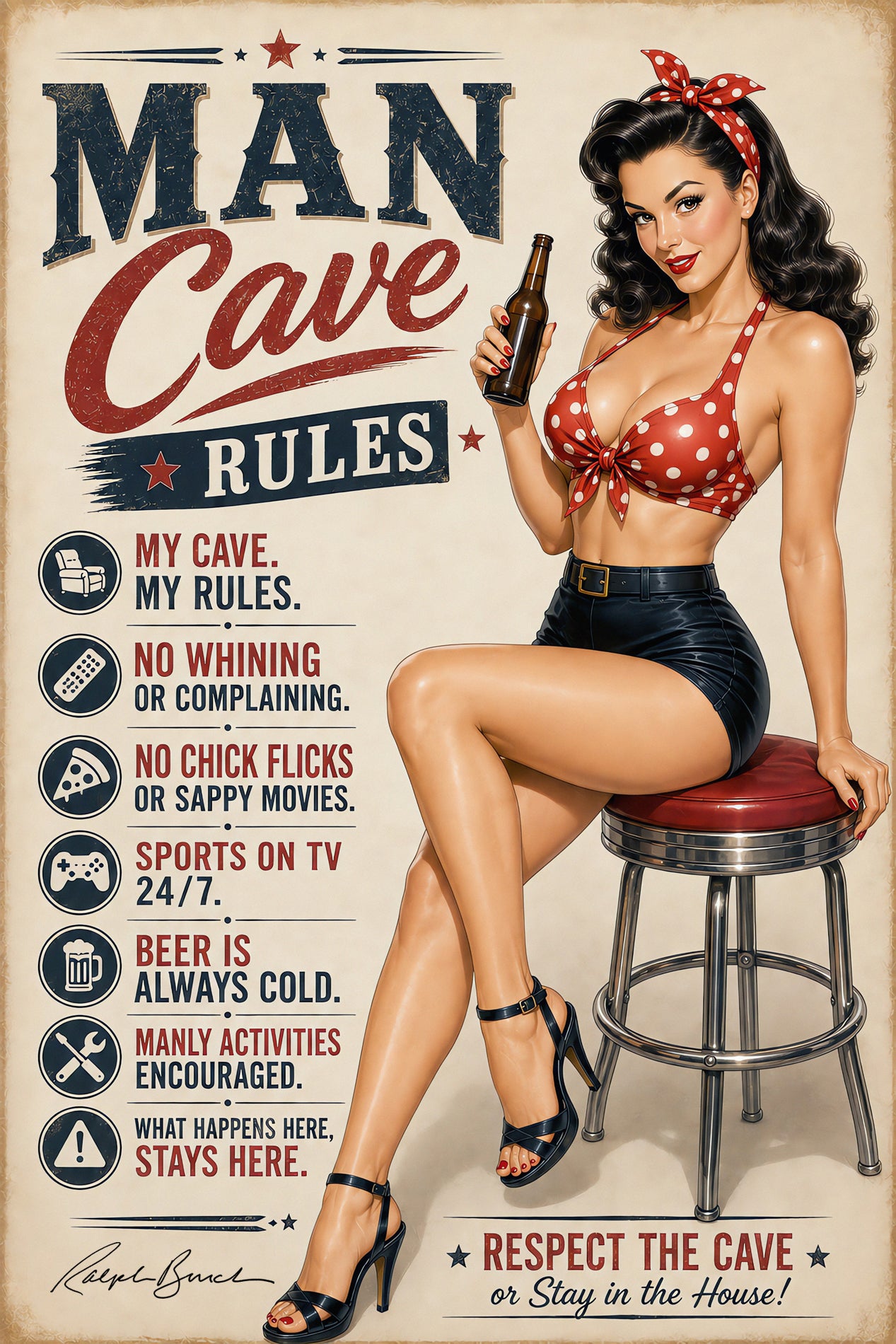 Vintage-style poster titled "MAN Cave Rules" featuring a pin-up woman seated on a red cushioned stool and holding a beer bottle. The poster includes humorous rules and text on a distressed cream background.